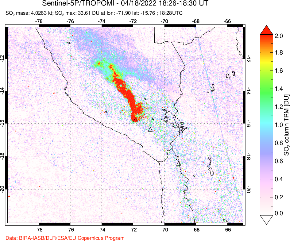 A sulfur dioxide image over Peru on Apr 18, 2022.