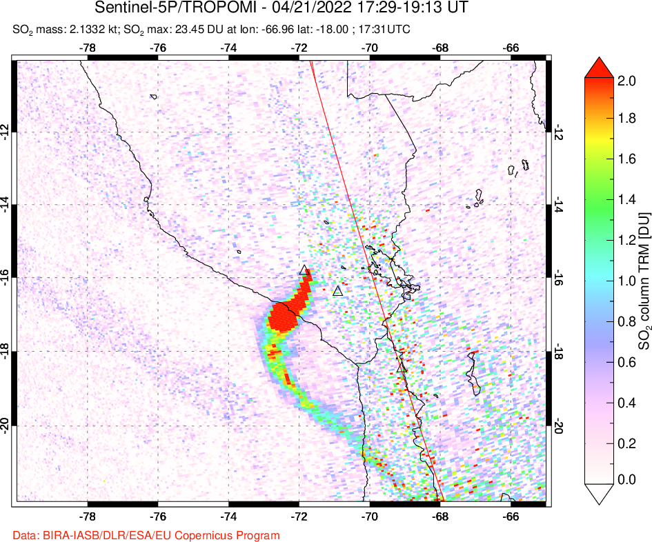 A sulfur dioxide image over Peru on Apr 21, 2022.