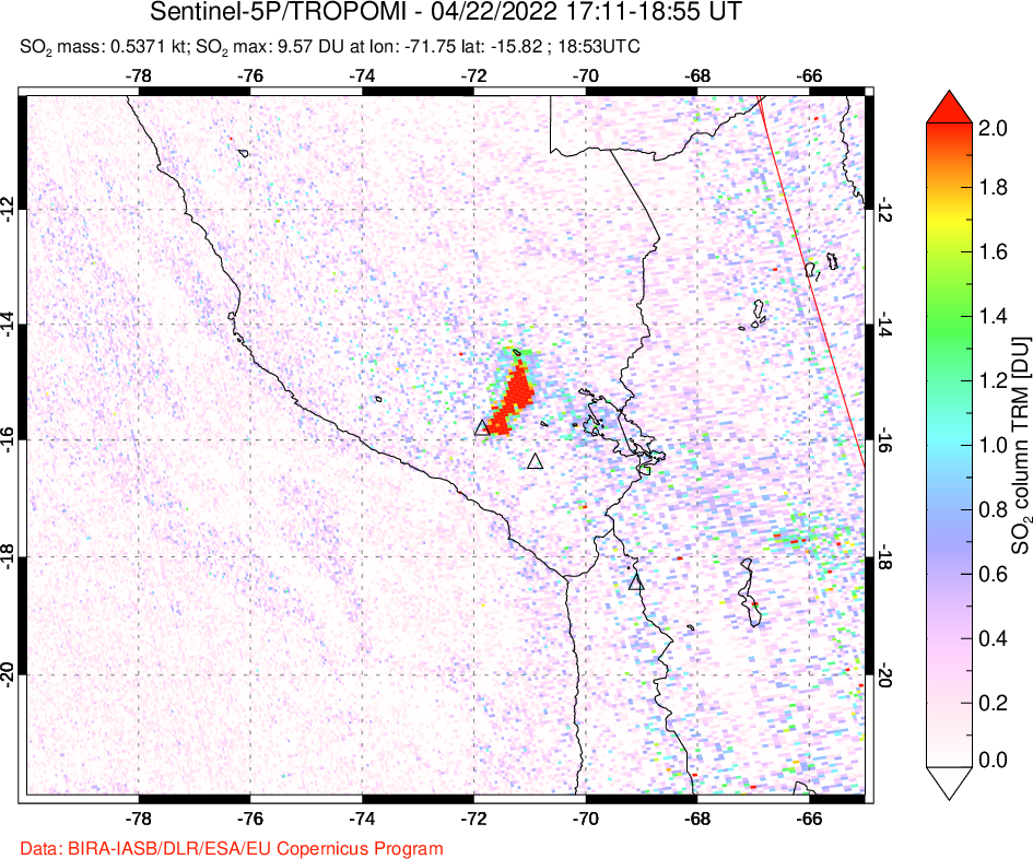 A sulfur dioxide image over Peru on Apr 22, 2022.