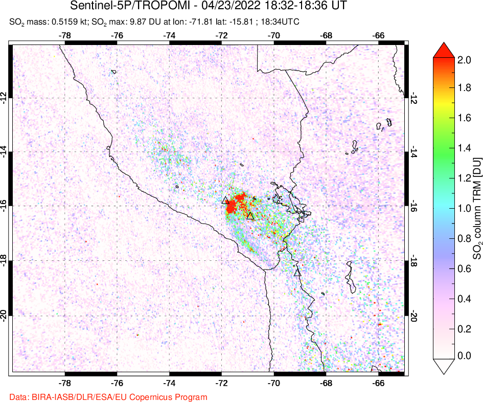 A sulfur dioxide image over Peru on Apr 23, 2022.