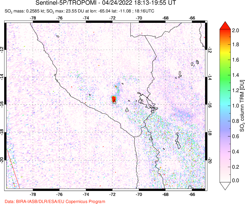 A sulfur dioxide image over Peru on Apr 24, 2022.