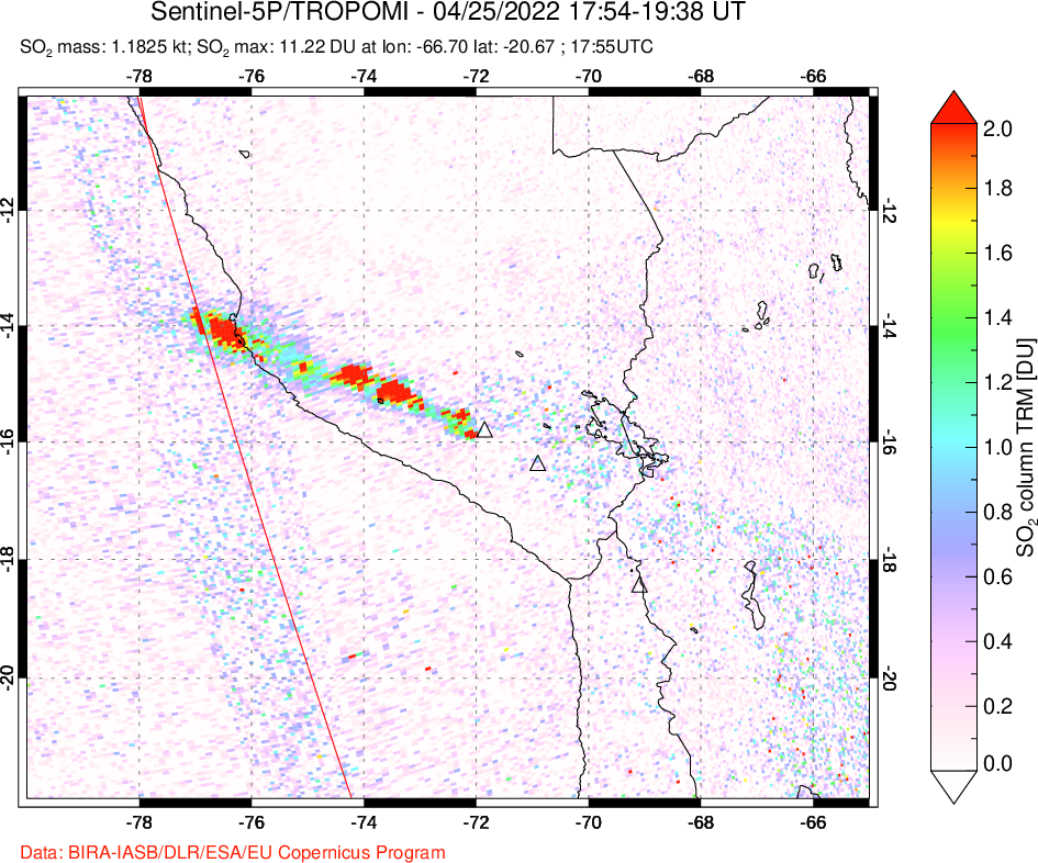 A sulfur dioxide image over Peru on Apr 25, 2022.