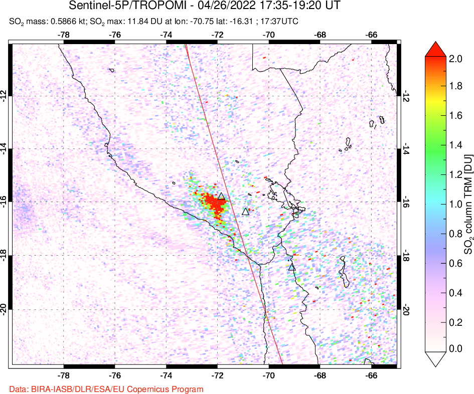 A sulfur dioxide image over Peru on Apr 26, 2022.