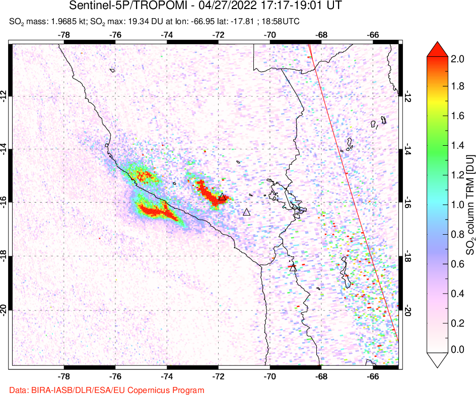 A sulfur dioxide image over Peru on Apr 27, 2022.