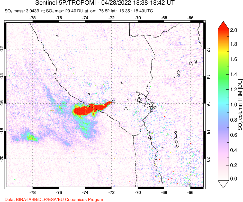 A sulfur dioxide image over Peru on Apr 28, 2022.