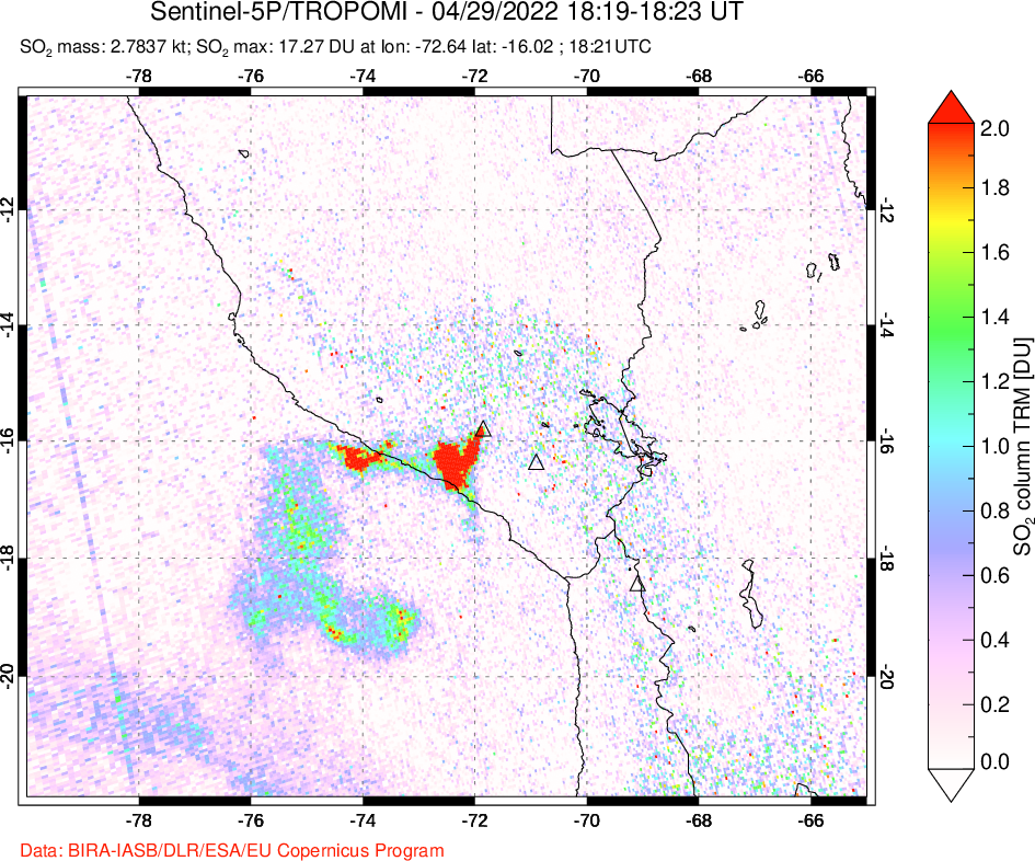 A sulfur dioxide image over Peru on Apr 29, 2022.