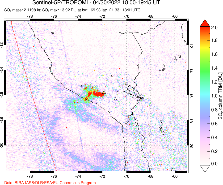 A sulfur dioxide image over Peru on Apr 30, 2022.