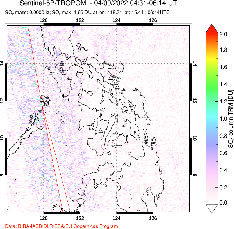 A sulfur dioxide image over Philippines on Apr 09, 2022.