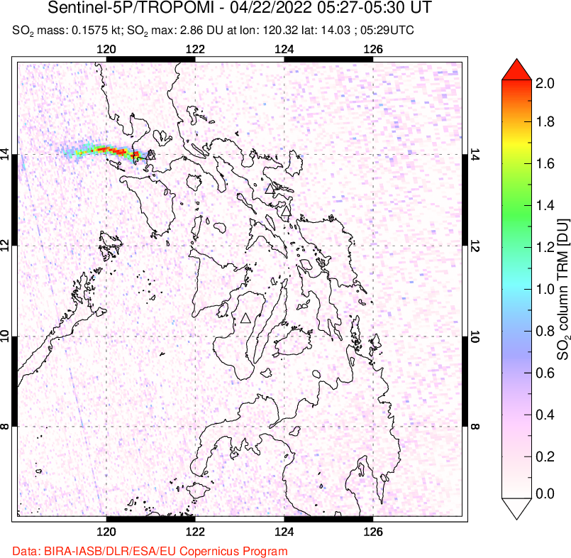 A sulfur dioxide image over Philippines on Apr 22, 2022.