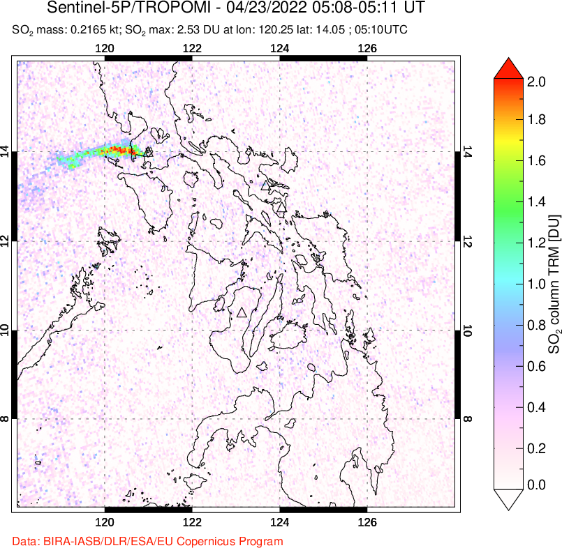 A sulfur dioxide image over Philippines on Apr 23, 2022.