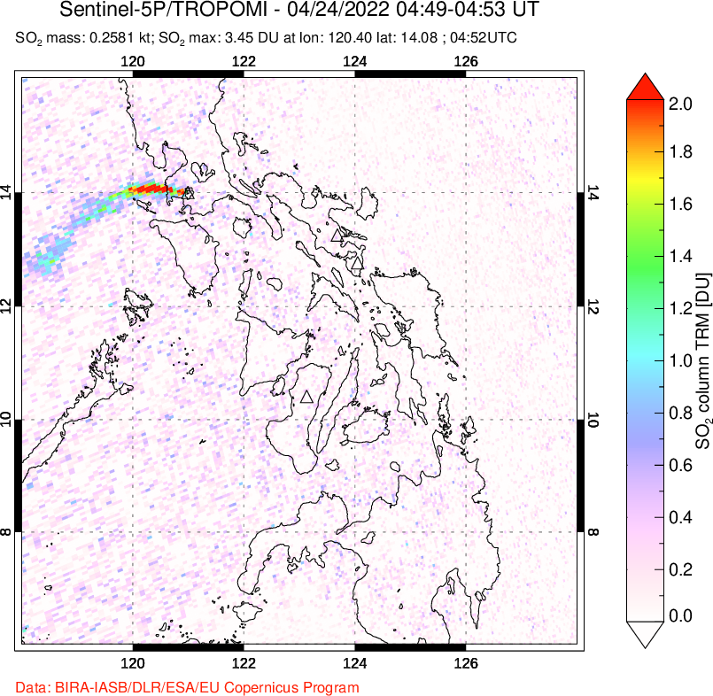 A sulfur dioxide image over Philippines on Apr 24, 2022.