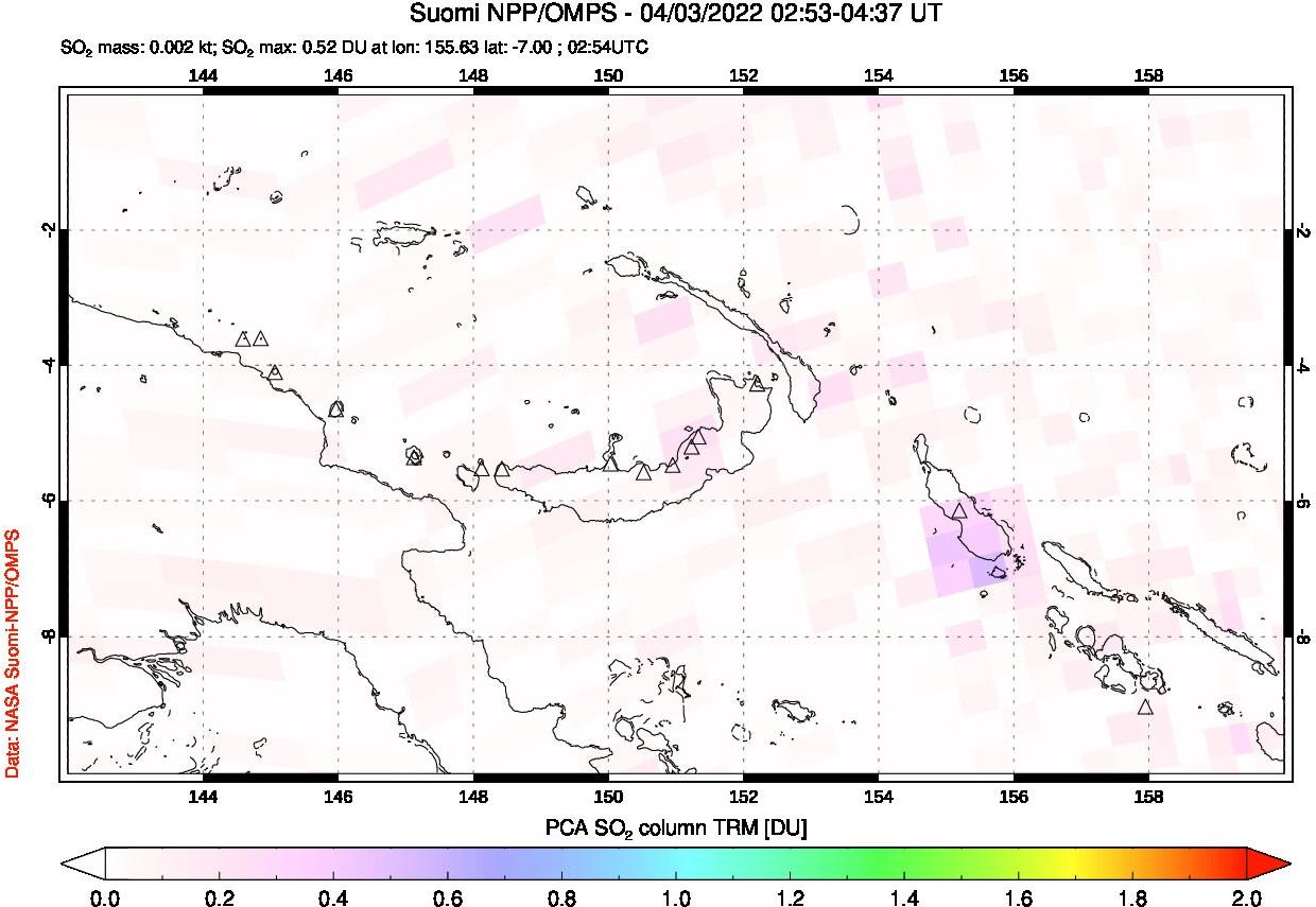 A sulfur dioxide image over Papua, New Guinea on Apr 03, 2022.