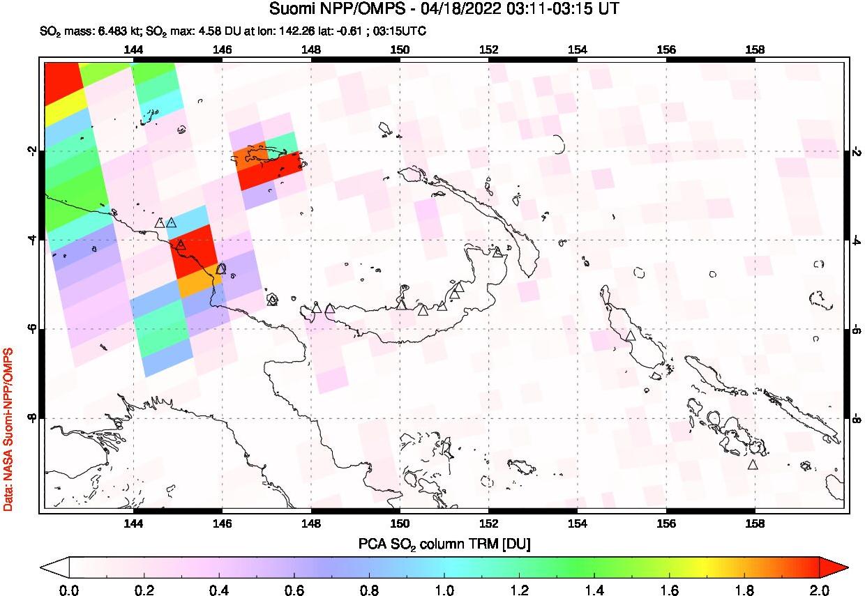 A sulfur dioxide image over Papua, New Guinea on Apr 18, 2022.
