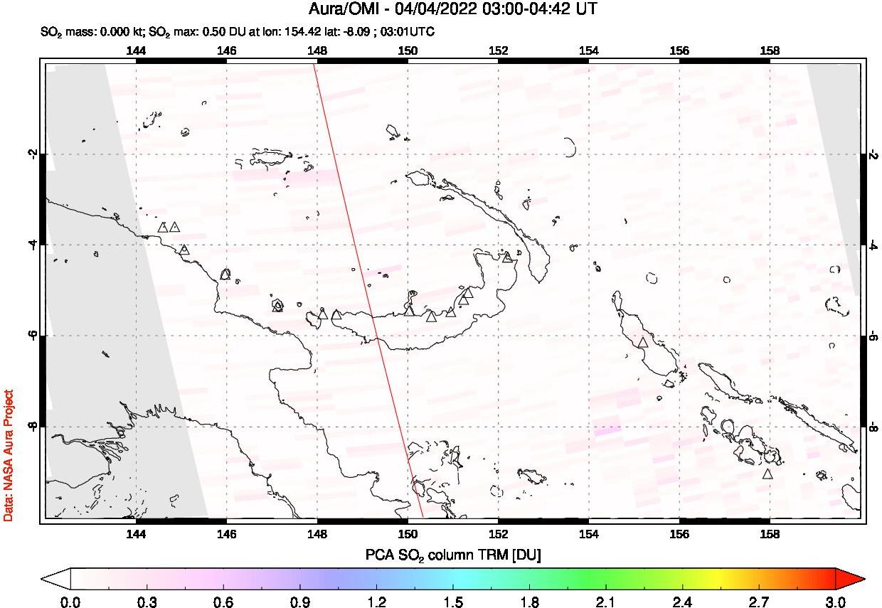 A sulfur dioxide image over Papua, New Guinea on Apr 04, 2022.