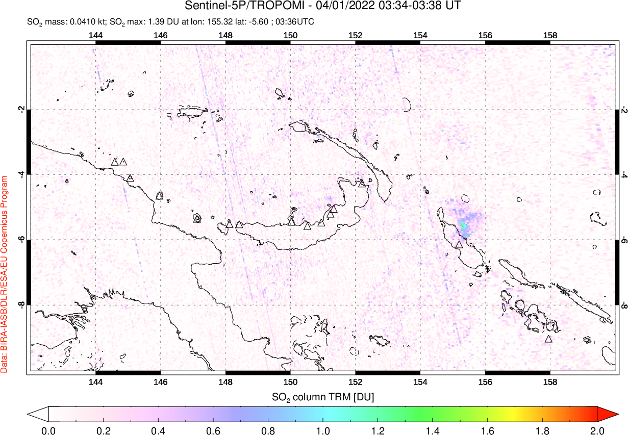 A sulfur dioxide image over Papua, New Guinea on Apr 01, 2022.