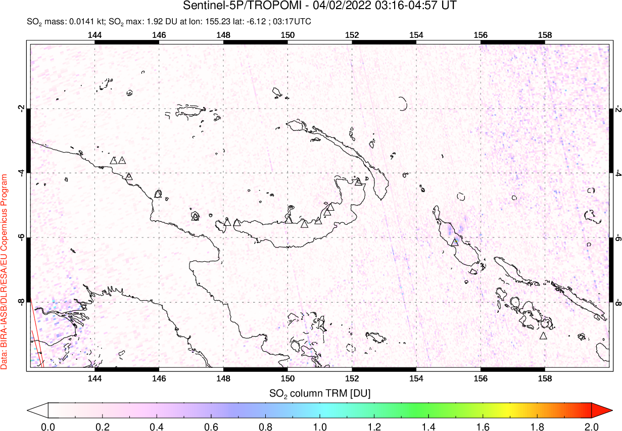 A sulfur dioxide image over Papua, New Guinea on Apr 02, 2022.
