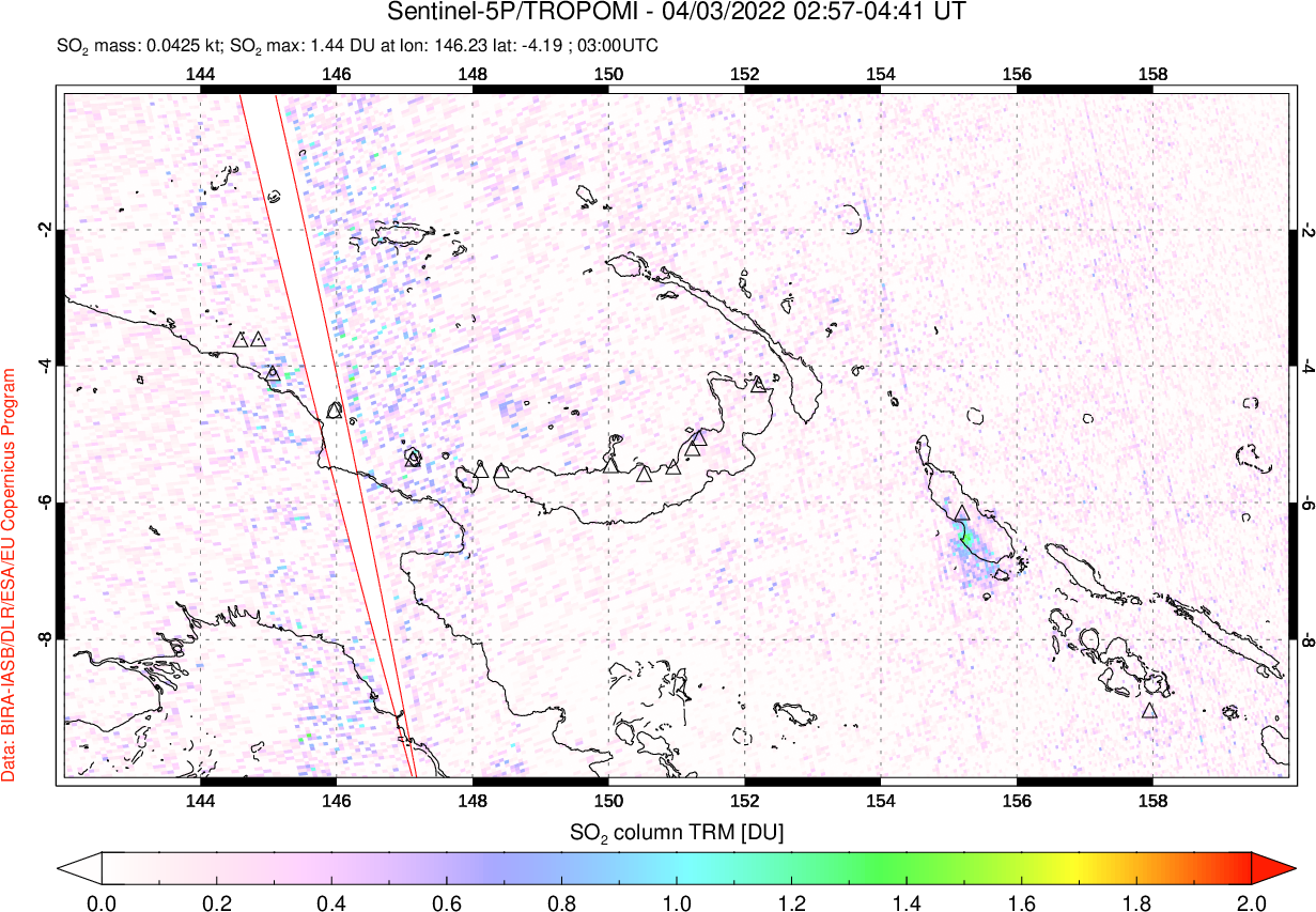 A sulfur dioxide image over Papua, New Guinea on Apr 03, 2022.