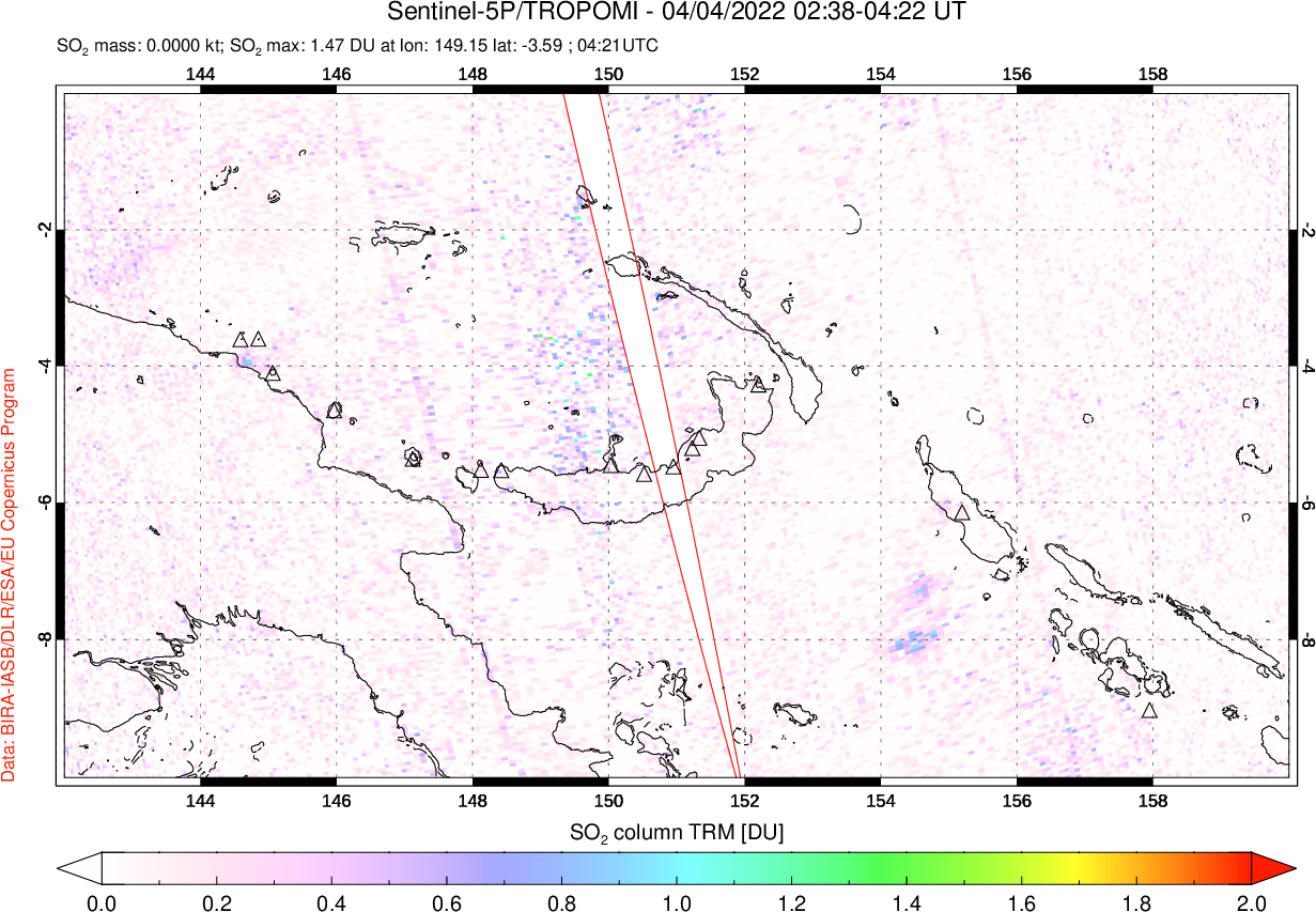 A sulfur dioxide image over Papua, New Guinea on Apr 04, 2022.