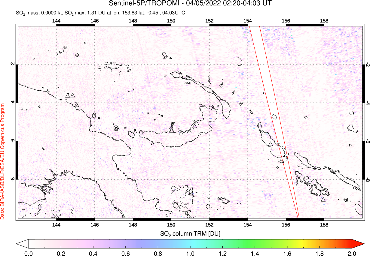 A sulfur dioxide image over Papua, New Guinea on Apr 05, 2022.