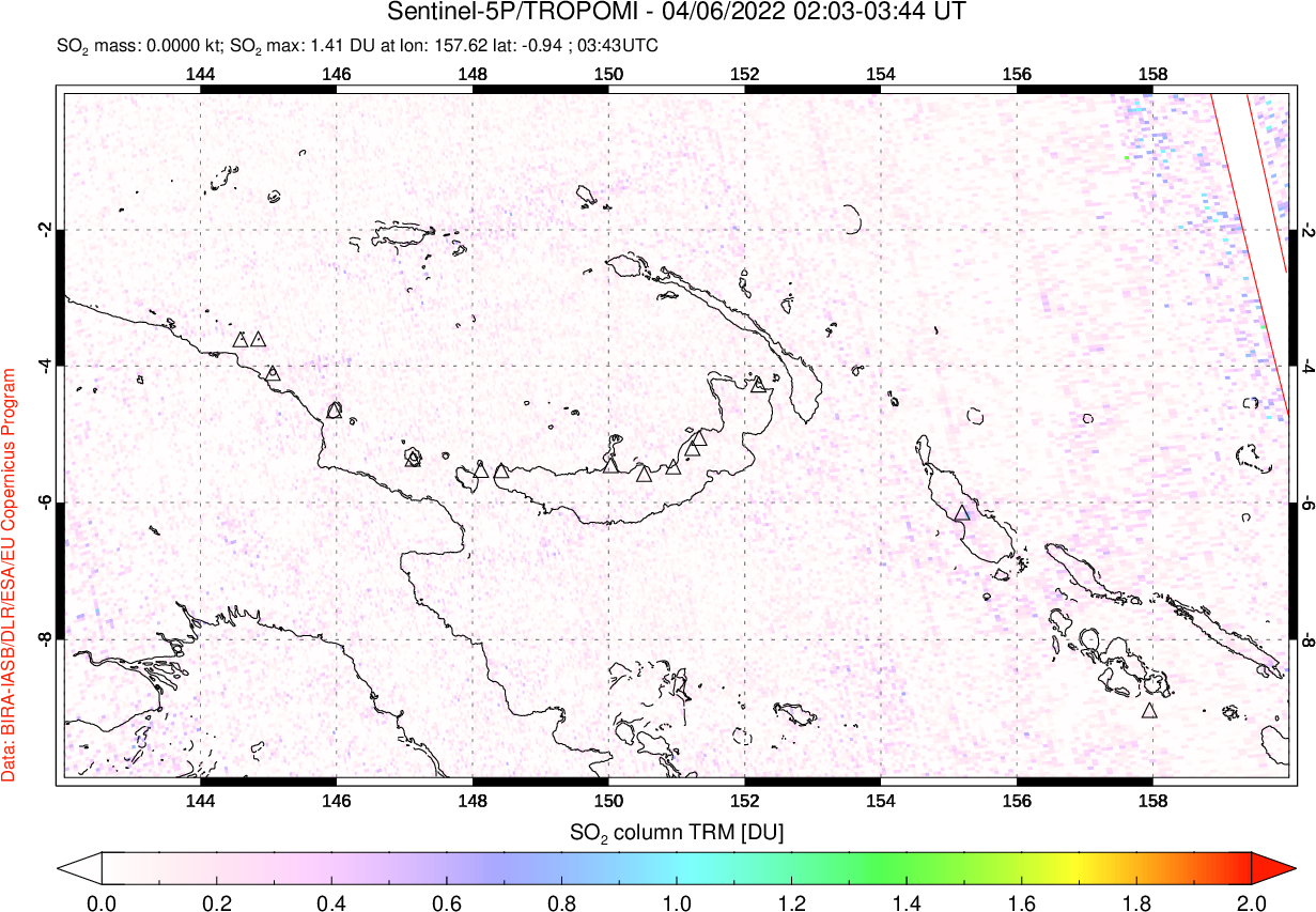 A sulfur dioxide image over Papua, New Guinea on Apr 06, 2022.