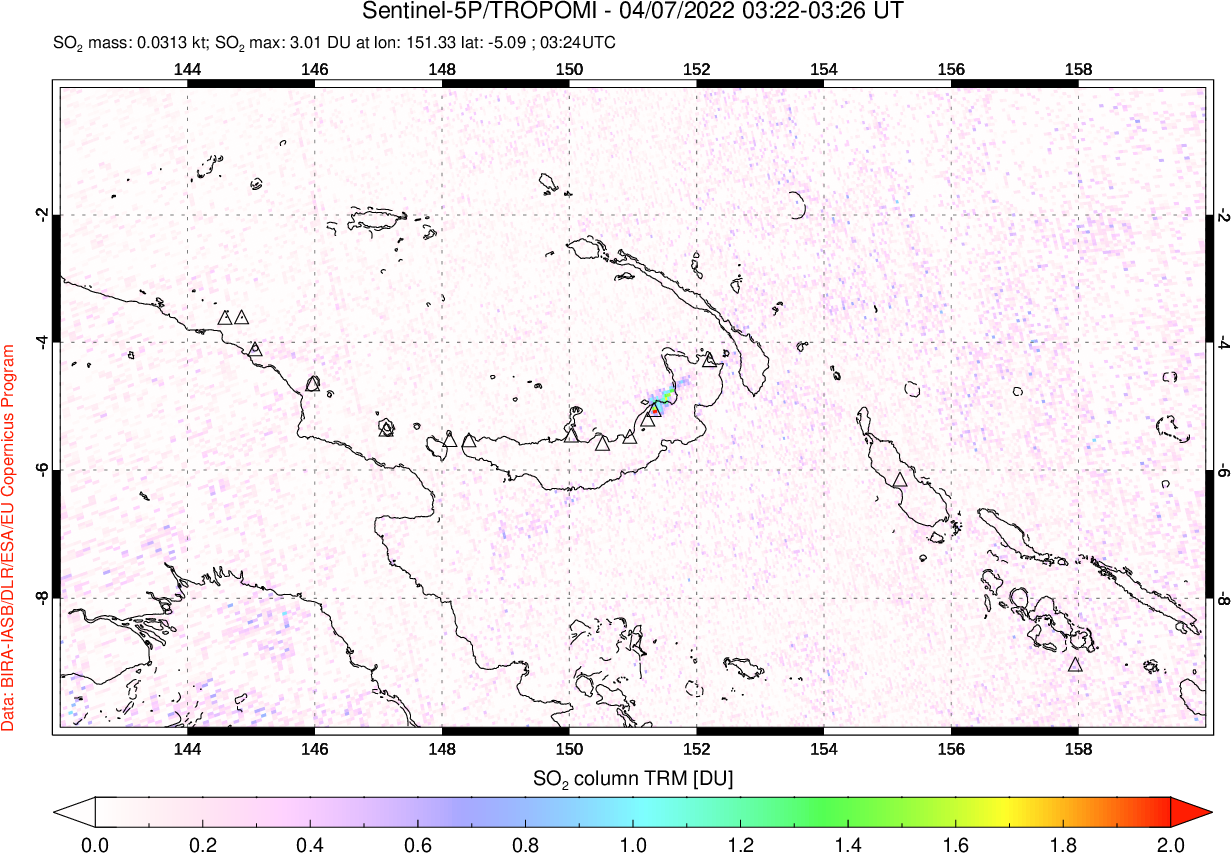 A sulfur dioxide image over Papua, New Guinea on Apr 07, 2022.