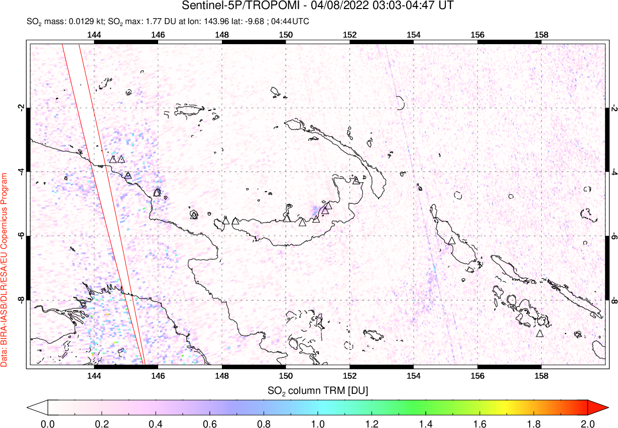 A sulfur dioxide image over Papua, New Guinea on Apr 08, 2022.