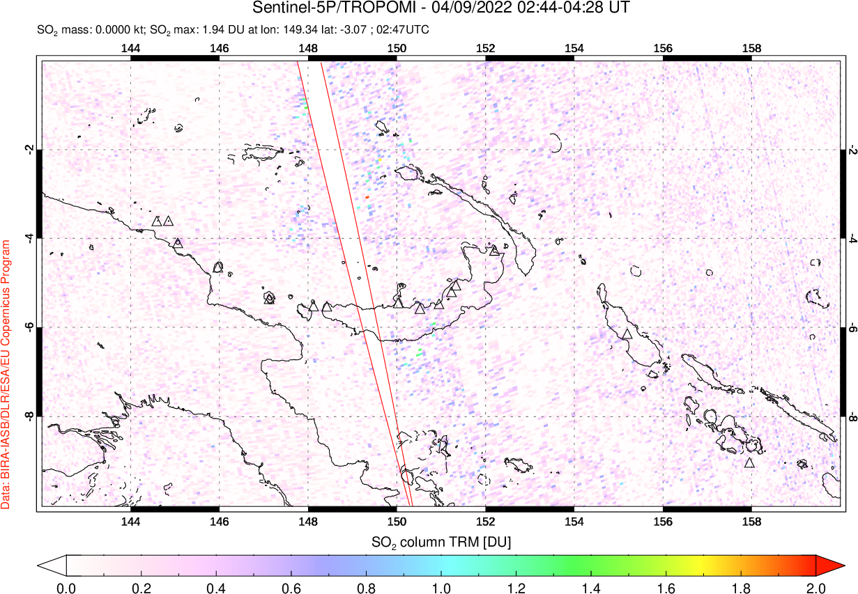 A sulfur dioxide image over Papua, New Guinea on Apr 09, 2022.
