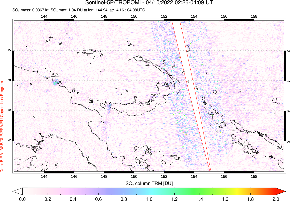 A sulfur dioxide image over Papua, New Guinea on Apr 10, 2022.