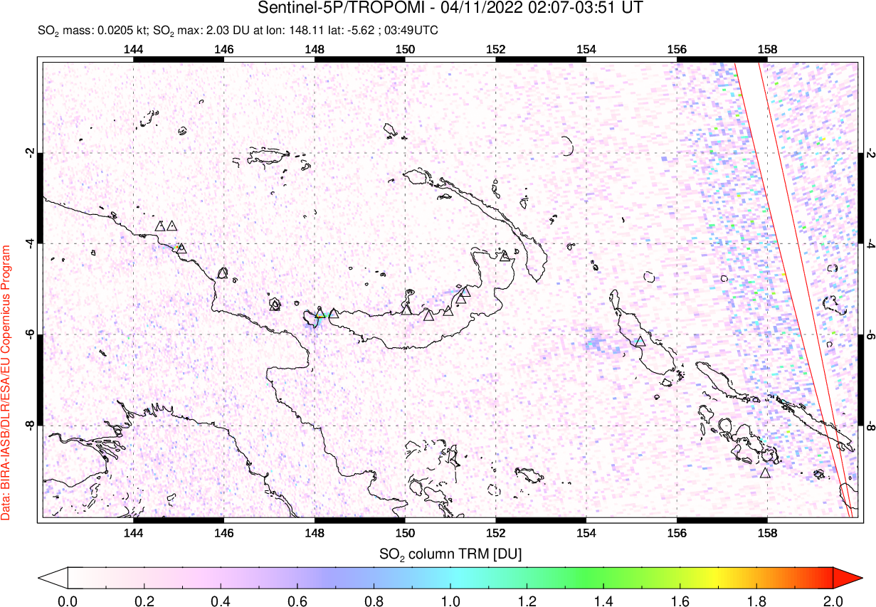 A sulfur dioxide image over Papua, New Guinea on Apr 11, 2022.