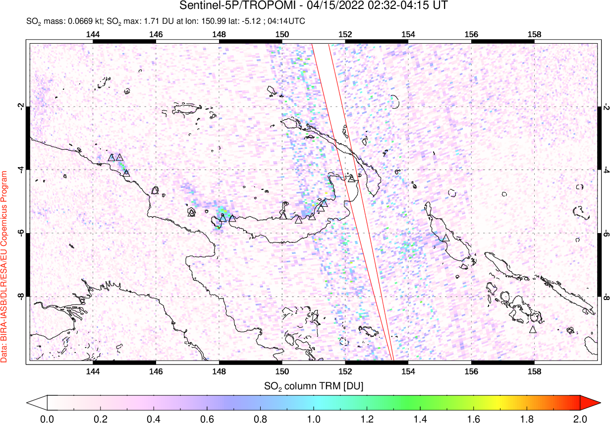 A sulfur dioxide image over Papua, New Guinea on Apr 15, 2022.