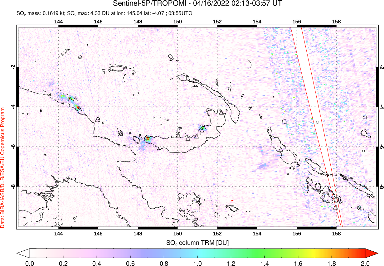 A sulfur dioxide image over Papua, New Guinea on Apr 16, 2022.