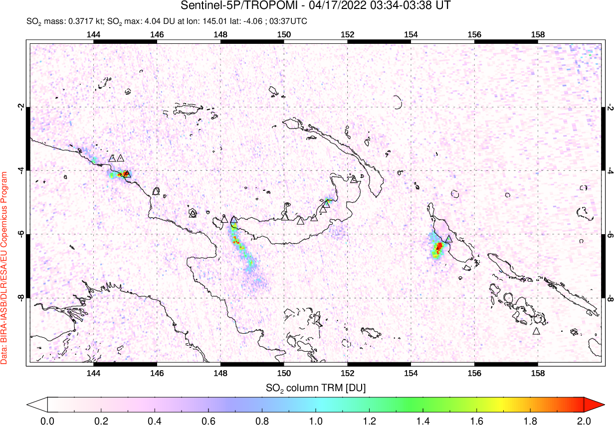A sulfur dioxide image over Papua, New Guinea on Apr 17, 2022.