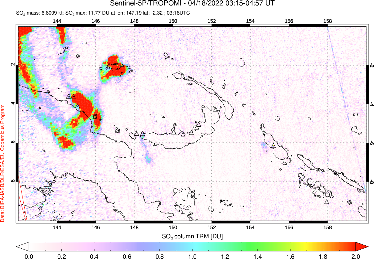 A sulfur dioxide image over Papua, New Guinea on Apr 18, 2022.
