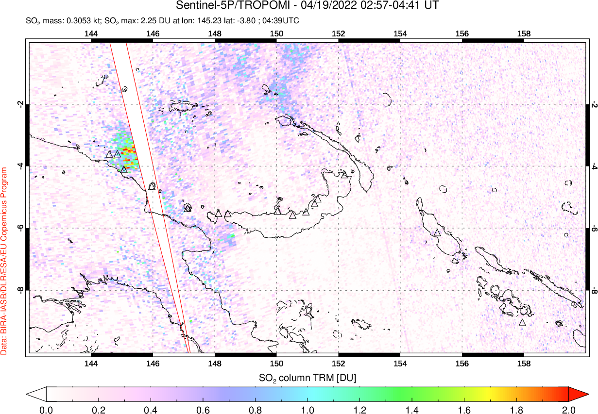 A sulfur dioxide image over Papua, New Guinea on Apr 19, 2022.