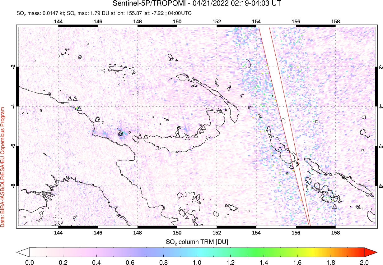 A sulfur dioxide image over Papua, New Guinea on Apr 21, 2022.