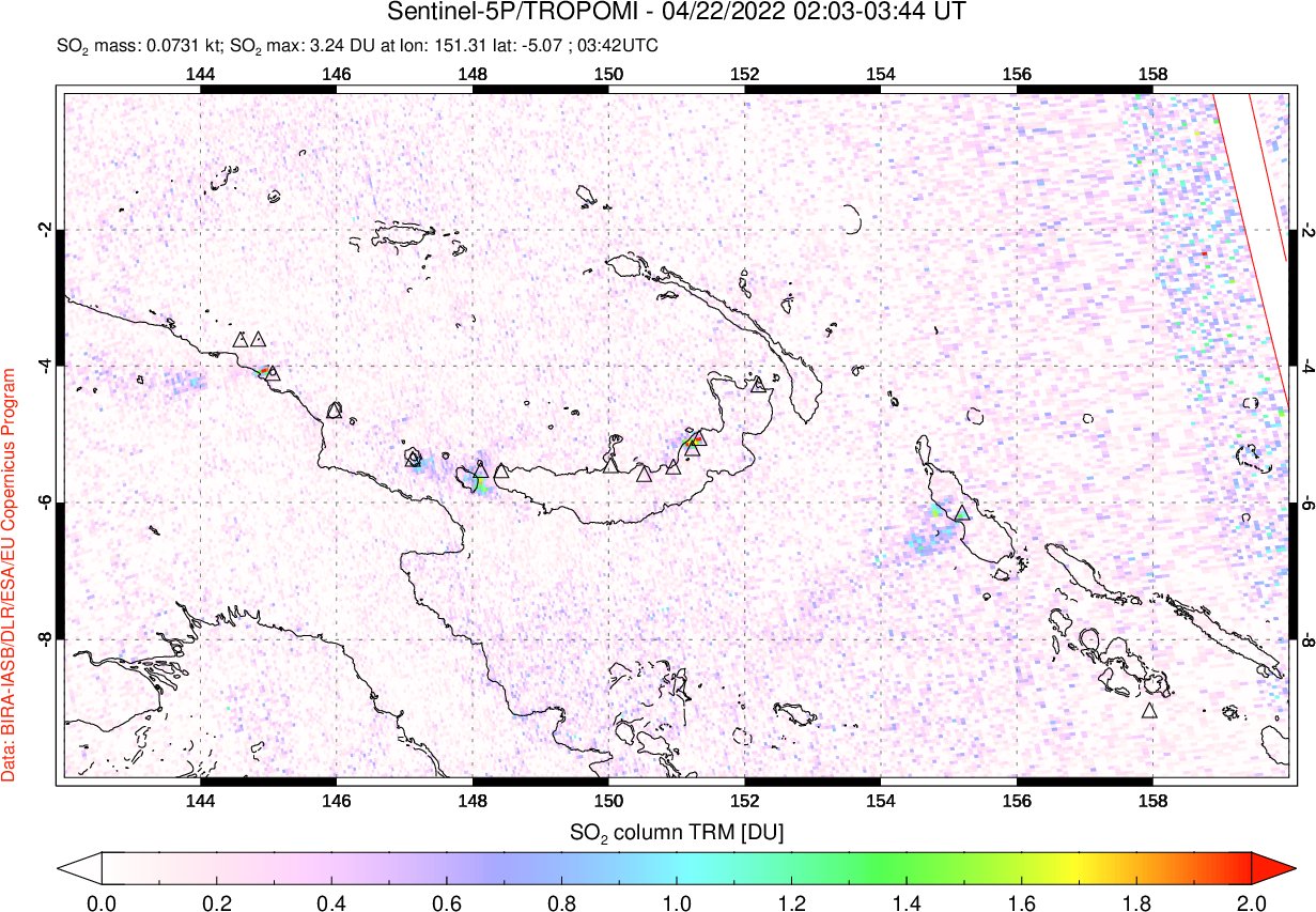 A sulfur dioxide image over Papua, New Guinea on Apr 22, 2022.