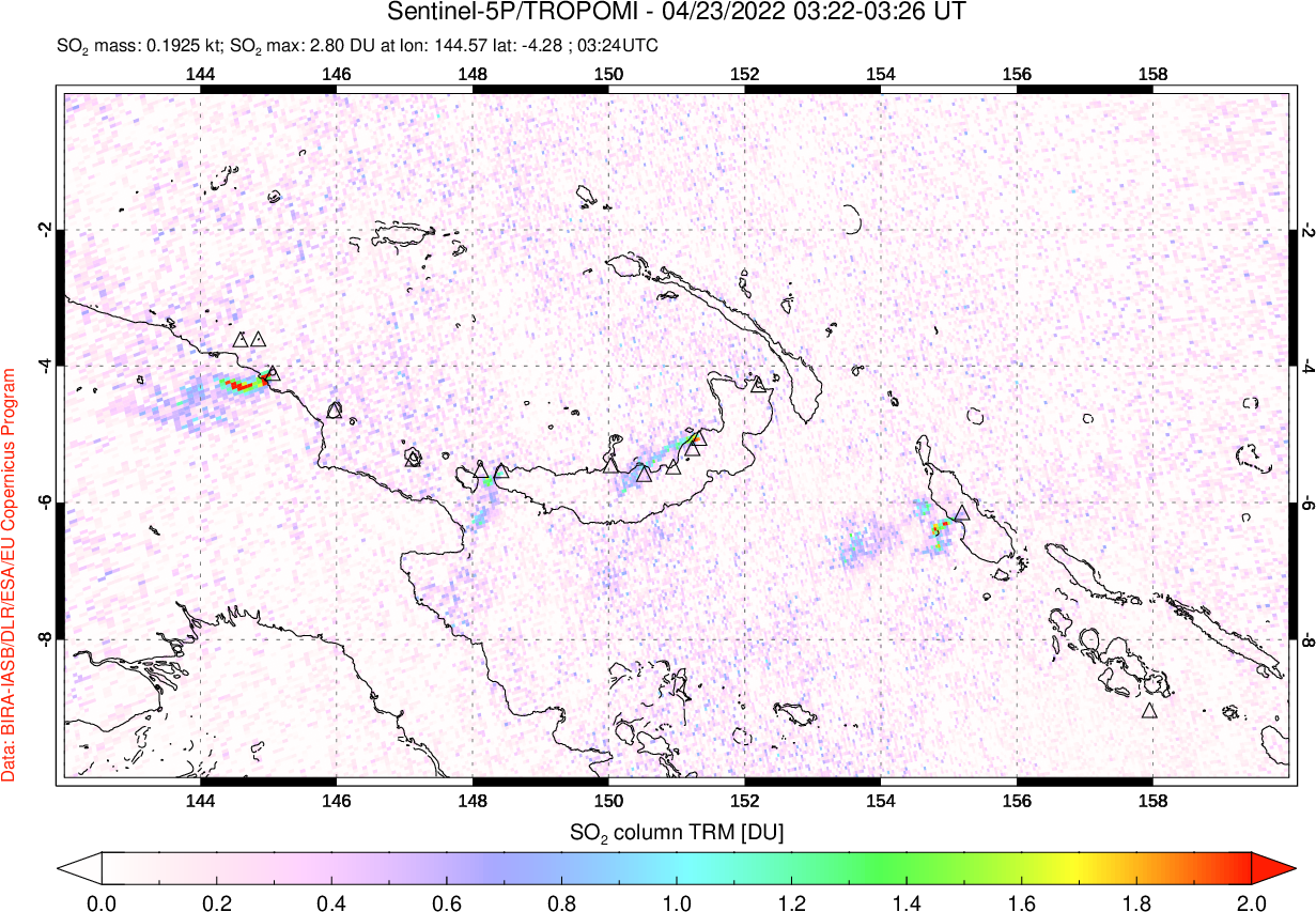 A sulfur dioxide image over Papua, New Guinea on Apr 23, 2022.