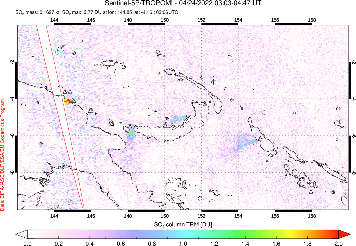 A sulfur dioxide image over Papua, New Guinea on Apr 24, 2022.
