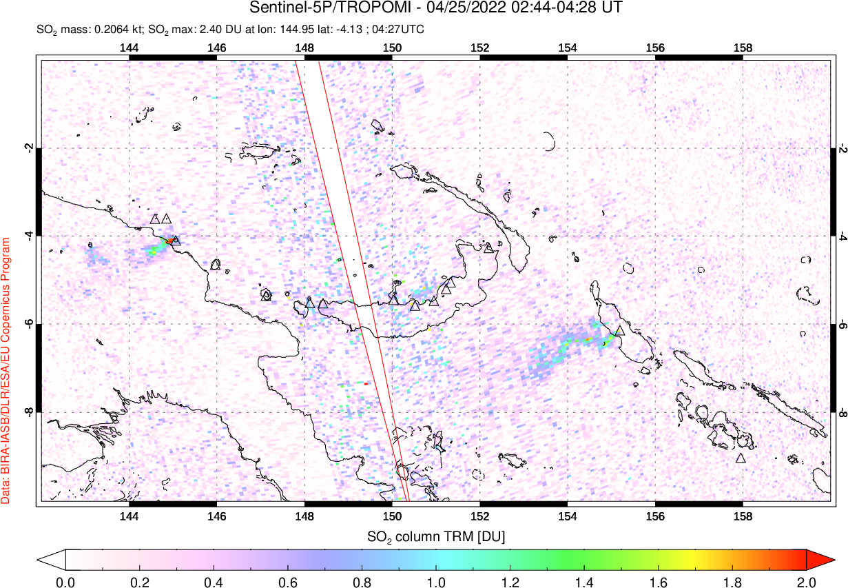 A sulfur dioxide image over Papua, New Guinea on Apr 25, 2022.