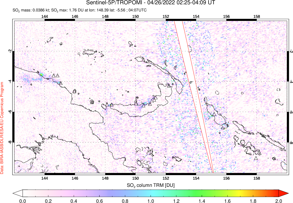 A sulfur dioxide image over Papua, New Guinea on Apr 26, 2022.