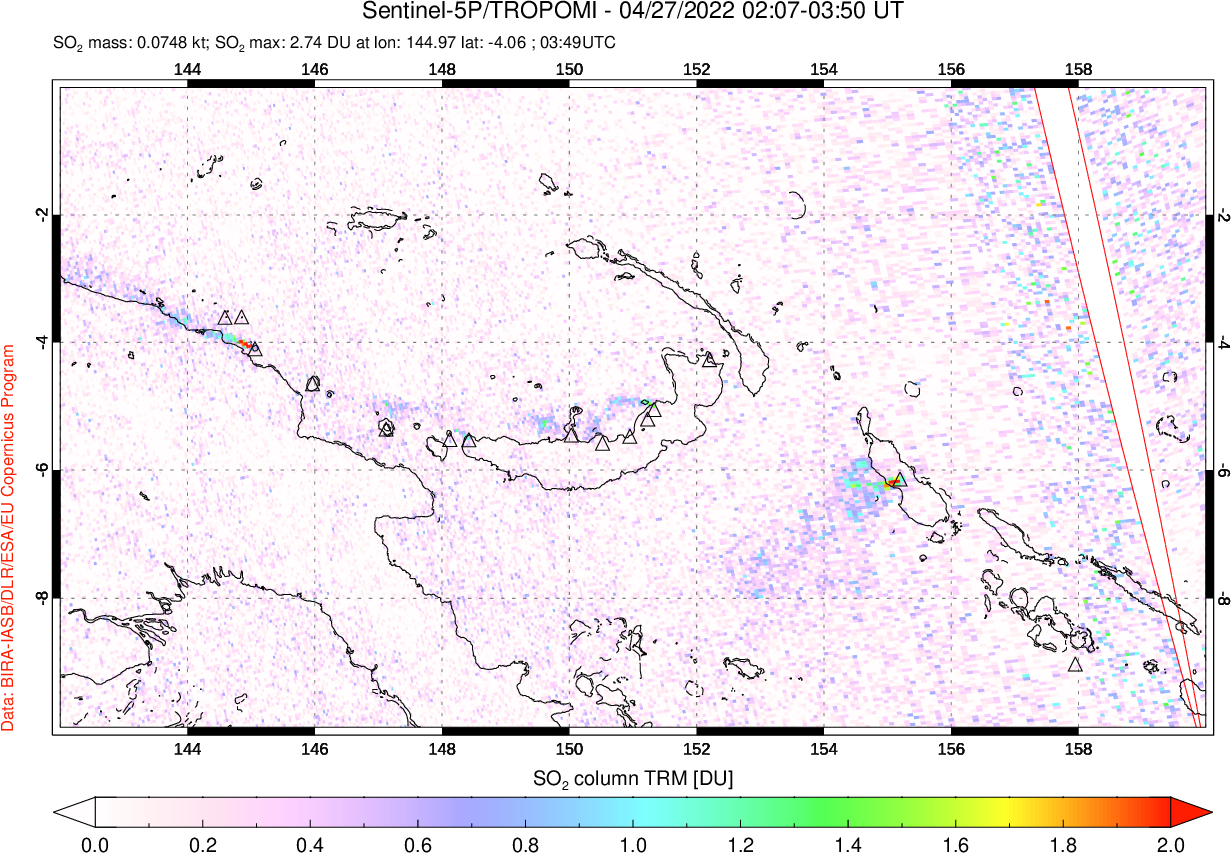 A sulfur dioxide image over Papua, New Guinea on Apr 27, 2022.