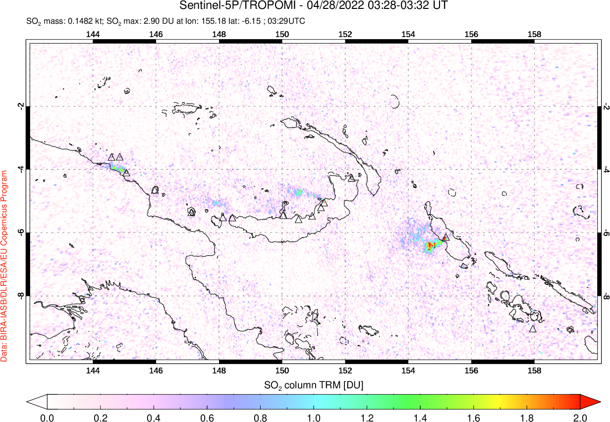 A sulfur dioxide image over Papua, New Guinea on Apr 28, 2022.