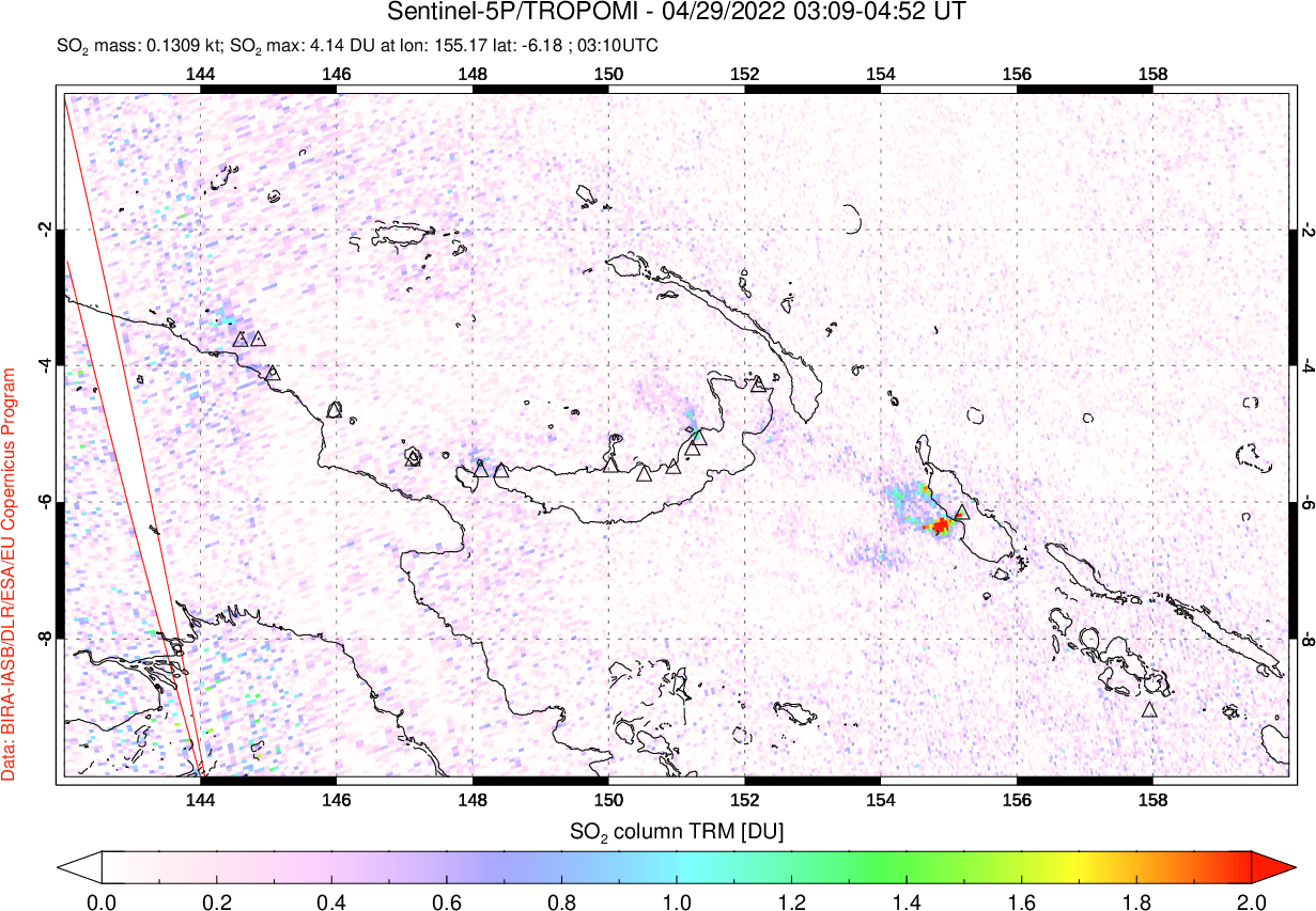 A sulfur dioxide image over Papua, New Guinea on Apr 29, 2022.