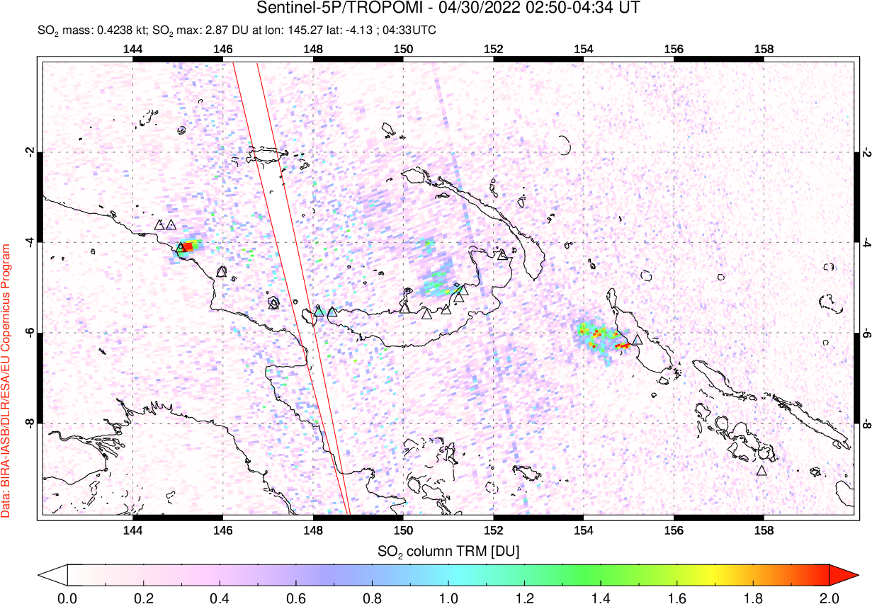 A sulfur dioxide image over Papua, New Guinea on Apr 30, 2022.