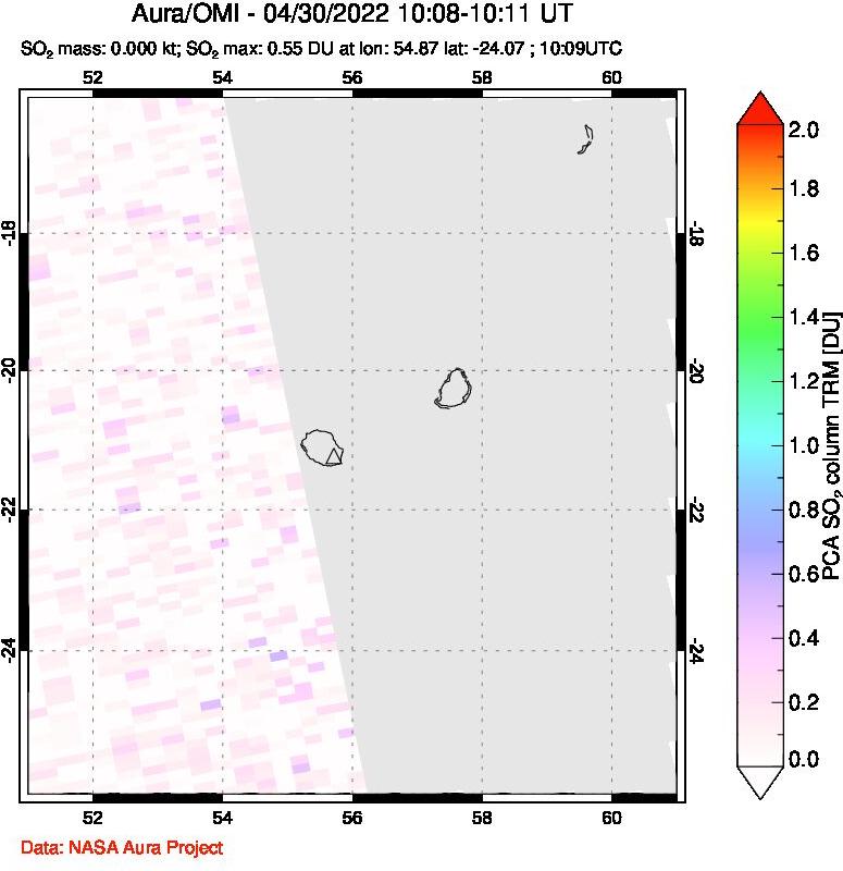 A sulfur dioxide image over Reunion Island, Indian Ocean on Apr 30, 2022.