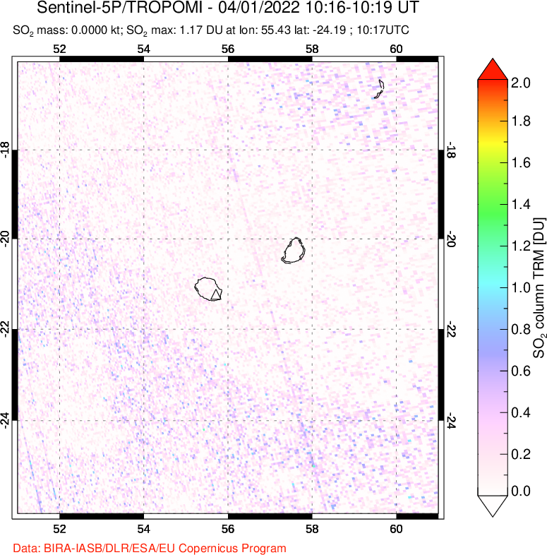 A sulfur dioxide image over Reunion Island, Indian Ocean on Apr 01, 2022.