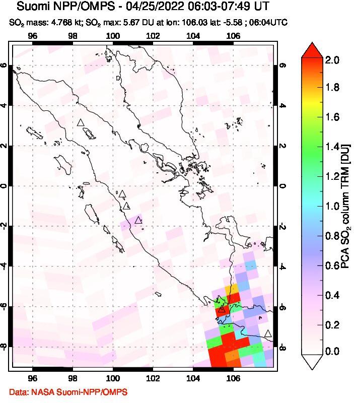 A sulfur dioxide image over Sumatra, Indonesia on Apr 25, 2022.