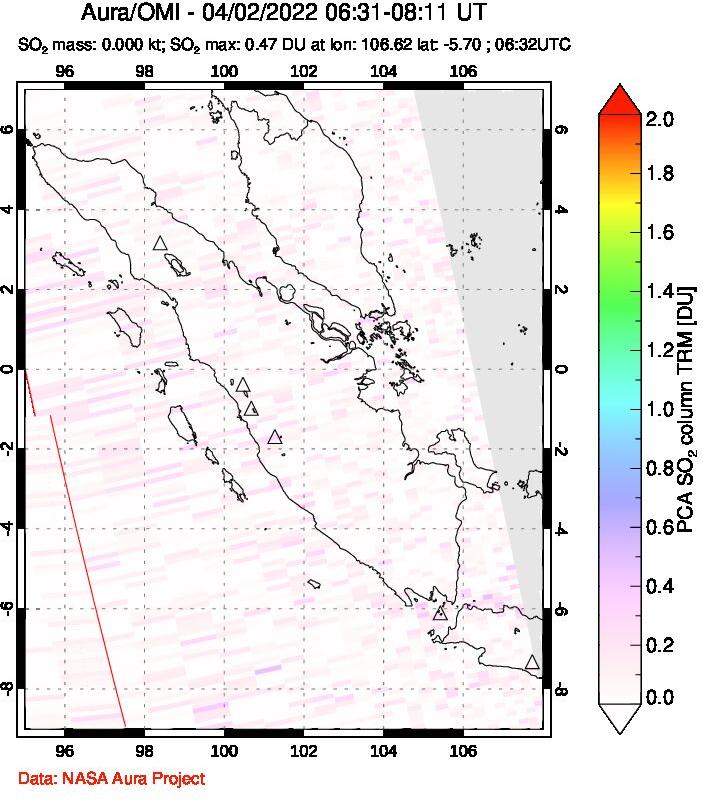 A sulfur dioxide image over Sumatra, Indonesia on Apr 02, 2022.