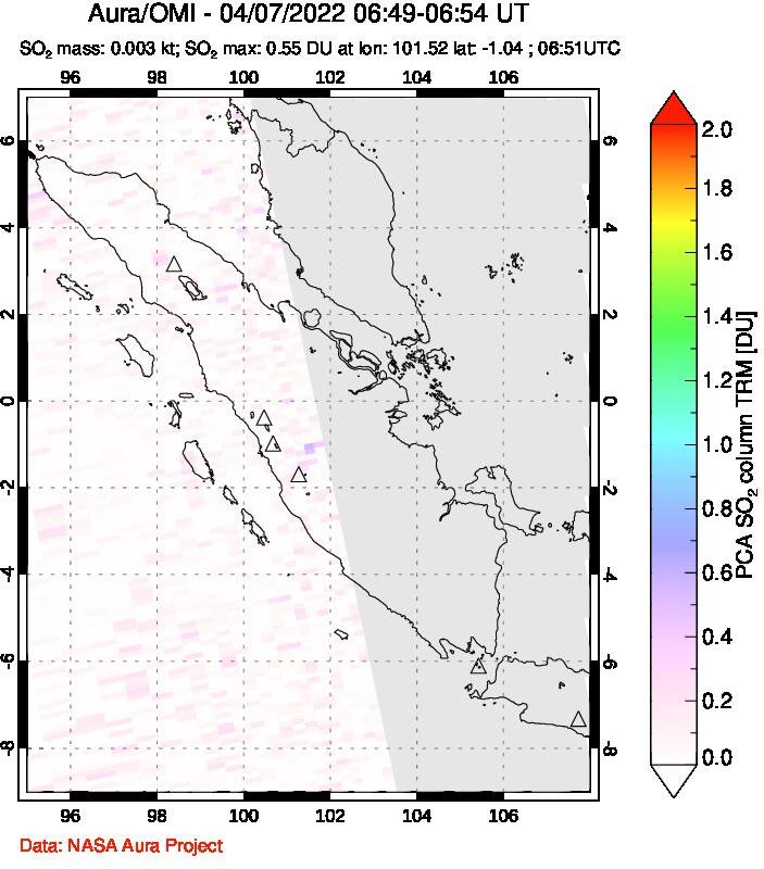 A sulfur dioxide image over Sumatra, Indonesia on Apr 07, 2022.