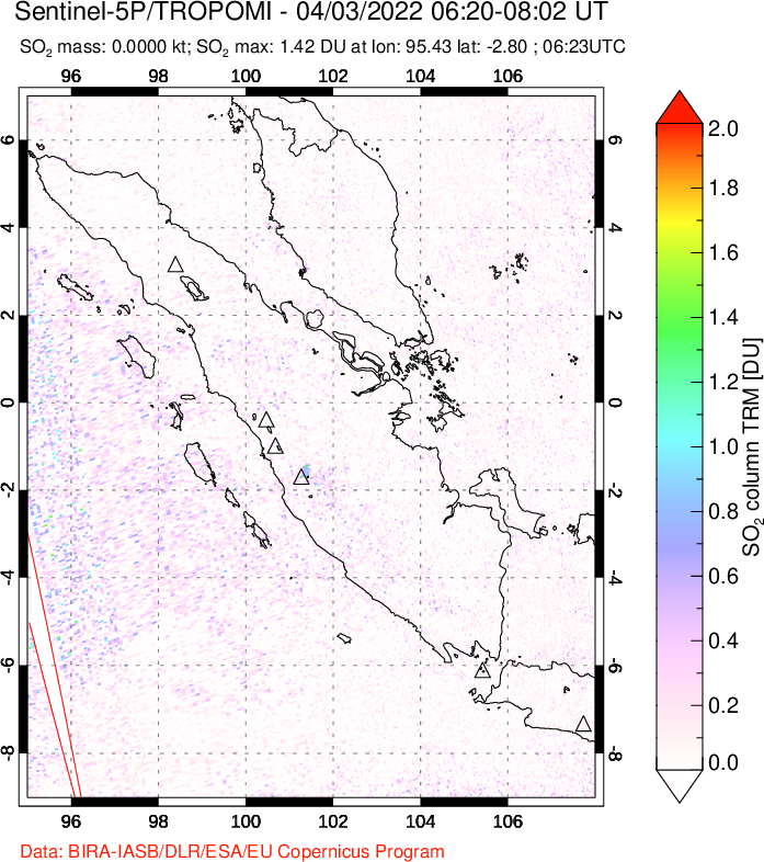 A sulfur dioxide image over Sumatra, Indonesia on Apr 03, 2022.